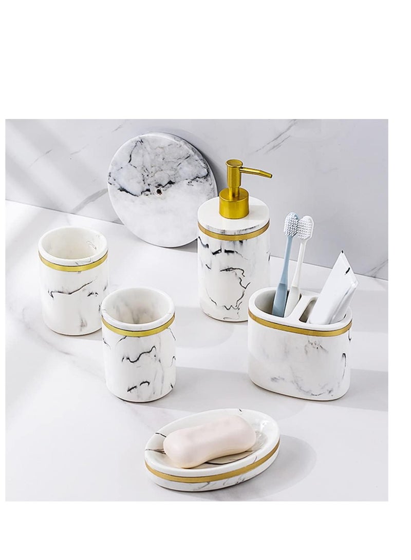 5 Pcs Set Five Piece Washing Set Marble Liquid Pump Bottle Toothpaste Holder Soap Pump Marble Bathroom Accessory Bathroom Tumbler Decorative soap Brushing Cups Resin Shampoo Lotion