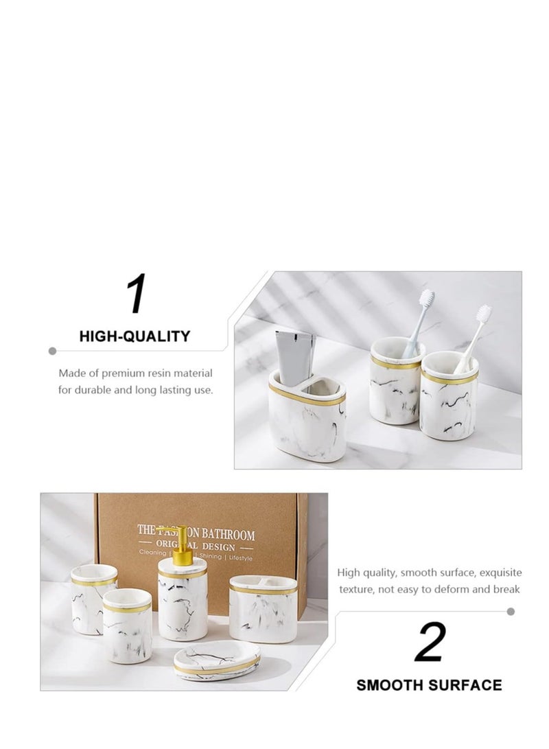 5 Pcs Set Five Piece Washing Set Marble Liquid Pump Bottle Toothpaste Holder Soap Pump Marble Bathroom Accessory Bathroom Tumbler Decorative soap Brushing Cups Resin Shampoo Lotion