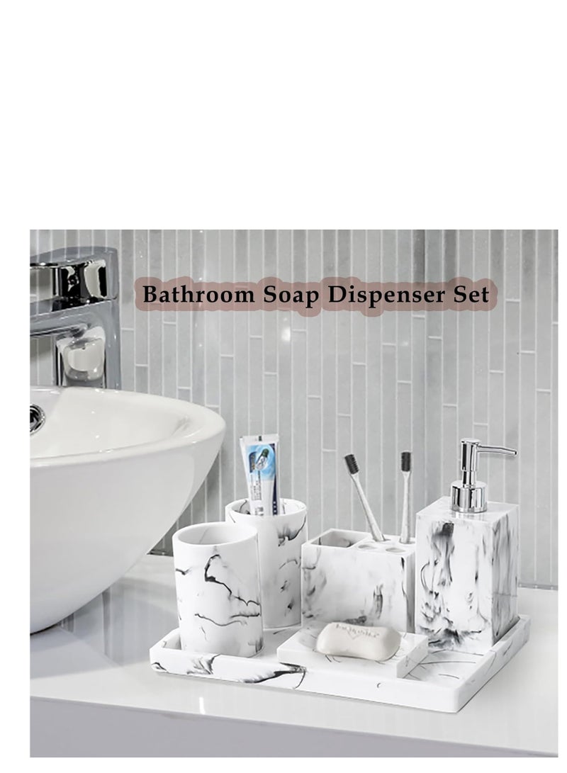 Bathroom Accessories Set, 6 Pcs Marble Look Sets Soap Dispenser & Toothbrush Holder Counter Top Restroom Apartment Decor Stuff, Resin Kits, Gift for Women and Men, Ink White