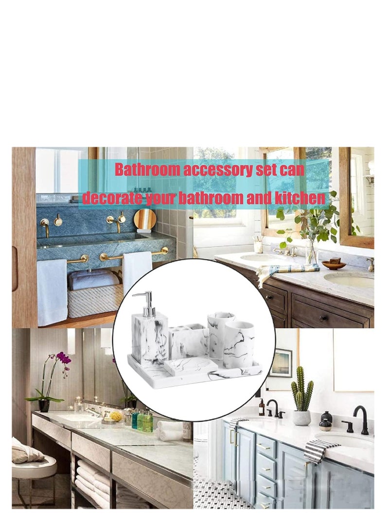 Bathroom Accessories Set, 6 Pcs Marble Look Sets Soap Dispenser & Toothbrush Holder Counter Top Restroom Apartment Decor Stuff, Resin Kits, Gift for Women and Men, Ink White