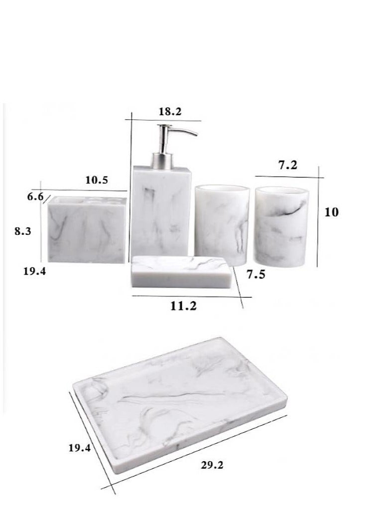 Bathroom Accessories Set, 6 Pcs Marble Look Sets Soap Dispenser & Toothbrush Holder Counter Top Restroom Apartment Decor Stuff, Resin Kits, Gift for Women and Men, Ink White