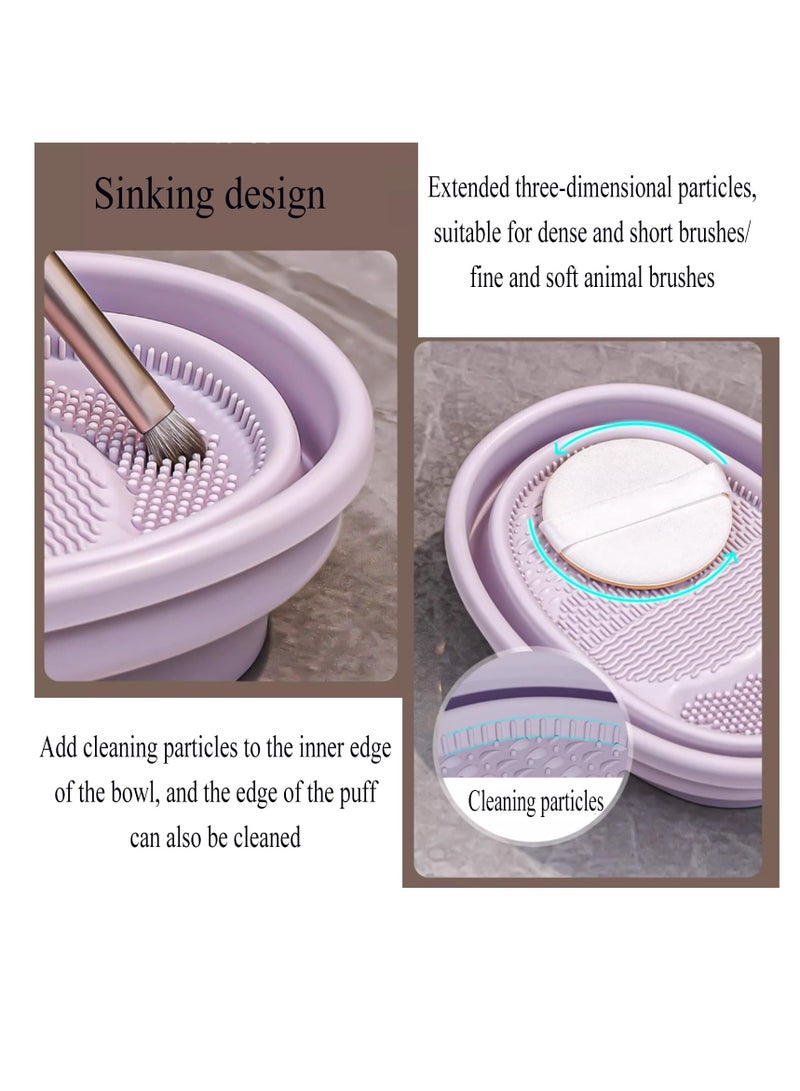 Makeup Brush Cleaner Mat, 3 in 1 Silicone Makeup Brush Cleaner Bowl with Brush Drying Holder, Cosmetic Brushes Cleaning Tool Organizer for Cleaning, Organizer And Upside Down Drying, Khaki