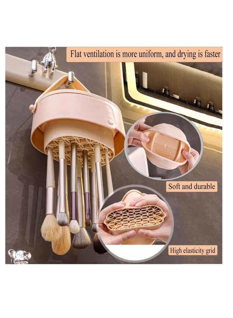 Makeup Brush Cleaner Mat, 3 in 1 Silicone Makeup Brush Cleaner Bowl with Brush Drying Holder, Cosmetic Brushes Cleaning Tool Organizer for Cleaning, Organizer And Upside Down Drying, Khaki