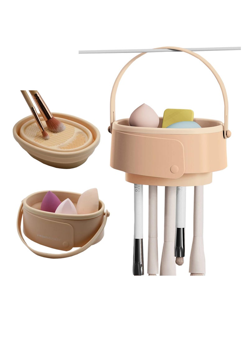 Makeup Brush Cleaner Mat, 3 in 1 Silicone Makeup Brush Cleaner Bowl with Brush Drying Holder, Cosmetic Brushes Cleaning Tool Organizer for Cleaning, Organizer And Upside Down Drying, Khaki