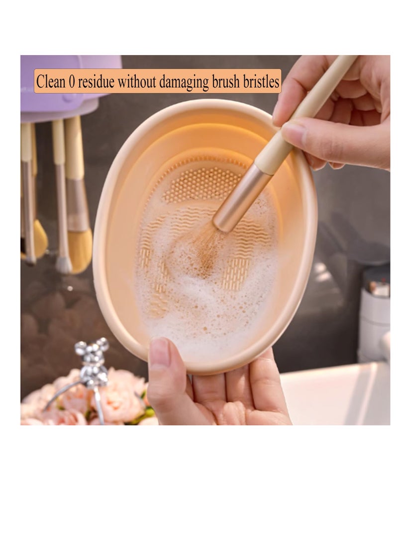 Makeup Brush Cleaner Mat, 3 in 1 Silicone Makeup Brush Cleaner Bowl with Brush Drying Holder, Cosmetic Brushes Cleaning Tool Organizer for Cleaning, Organizer And Upside Down Drying, Khaki