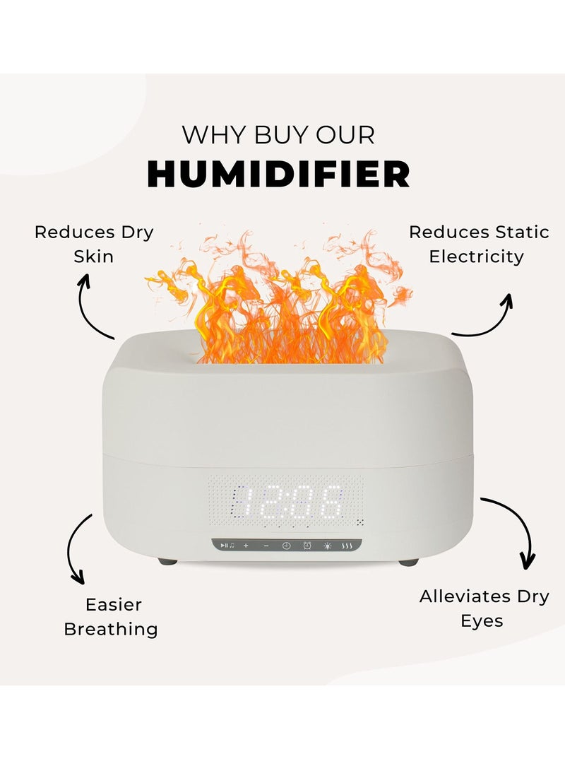 Flame Humidifier, Home Essential Oil Diffuser Humidifier with LED Clock, with Bluetooth Speaker, 400ml