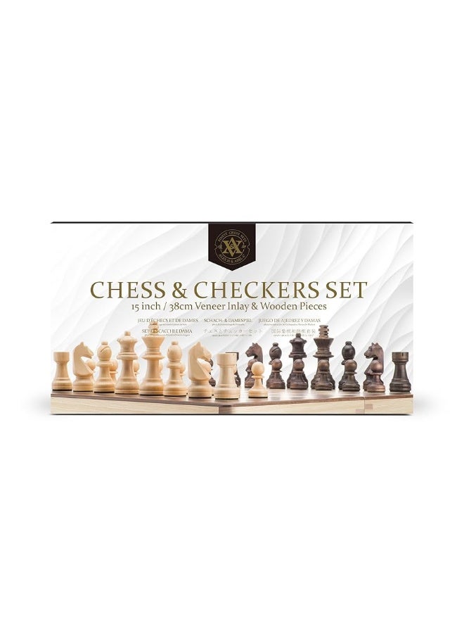 A&A 15 inch Wooden Folding Chess & Checkers Set w/ 3 inch King Height Staunton Chess Pieces / 2 Extra Queens / 2 in 1 Board Gameâ€¦