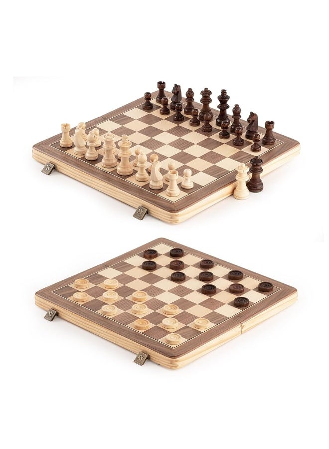 A&A 15 inch Wooden Folding Chess & Checkers Set w/ 3 inch King Height Staunton Chess Pieces / 2 Extra Queens / 2 in 1 Board Gameâ€¦