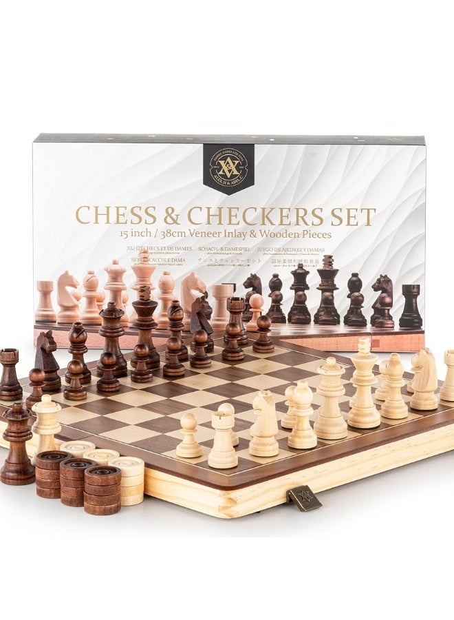 A&A 15 inch Wooden Folding Chess & Checkers Set w/ 3 inch King Height Staunton Chess Pieces / 2 Extra Queens / 2 in 1 Board Gameâ€¦