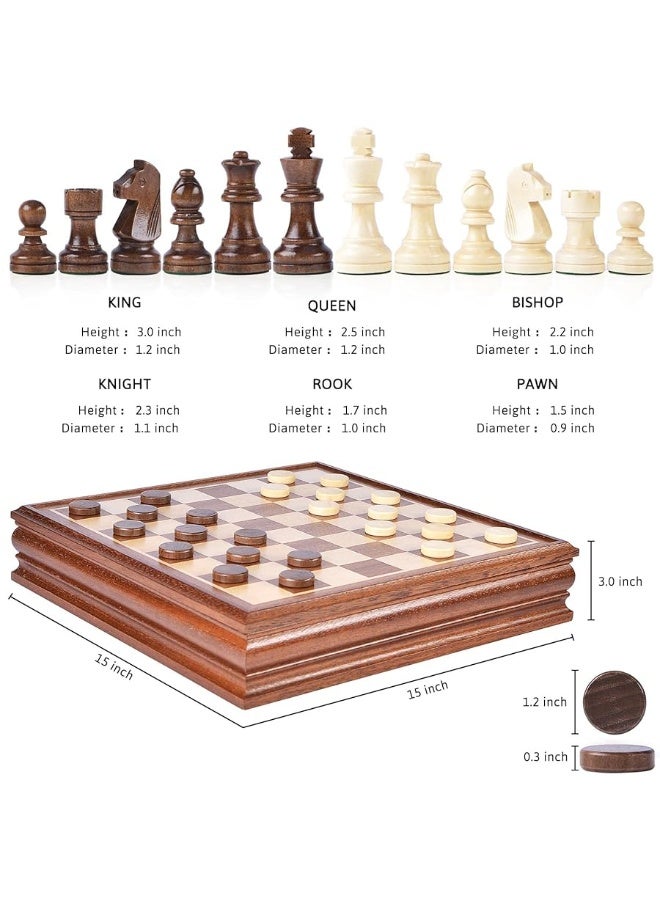 Chess and Checkers Board Game Sets for Adults Wooden Deluxe 15 inch Wood Board Box with Storage, Classic 2 in 1 Large Size with Chess Pieces - 3â€ King Height - 2 Extra Queens