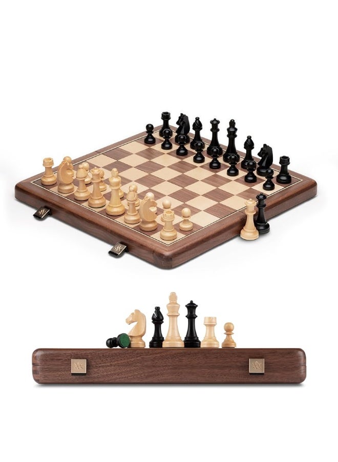 A&A 15 inch Wooden Folding Chess Set w/ 3 inch King Height Staunton Chess Pieces / 2 Extra Queens - Natural Walnut Wood w/Storage Bag