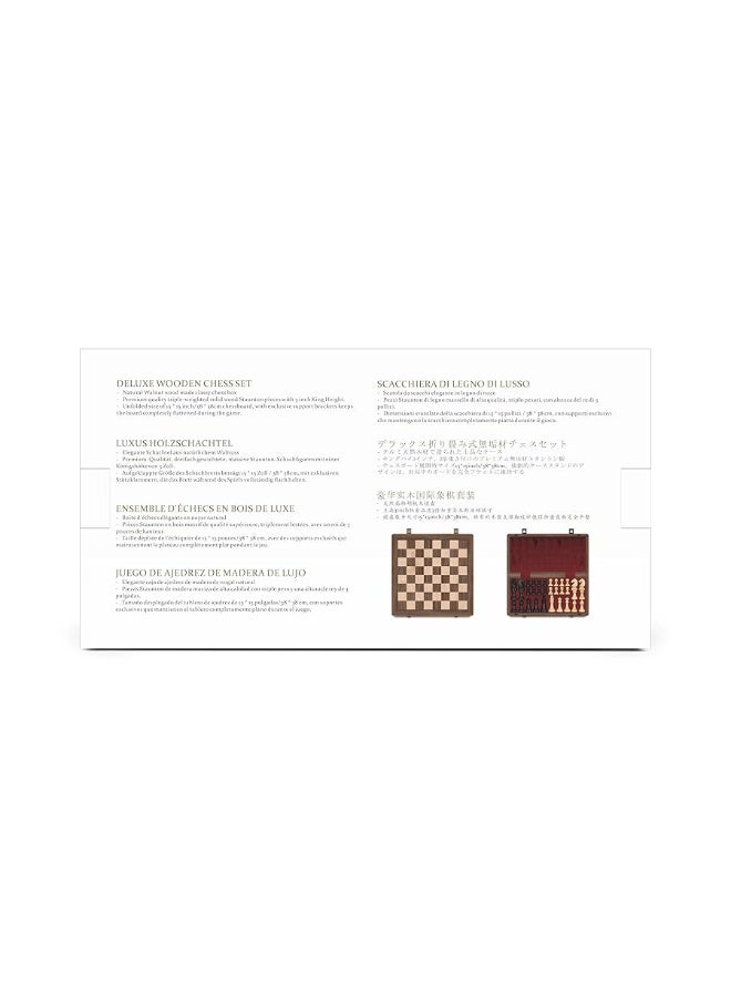 A&A 15 inch Wooden Folding Chess Set w/ 3 inch King Height Staunton Chess Pieces / 2 Extra Queens - Natural Walnut Wood w/Storage Bag