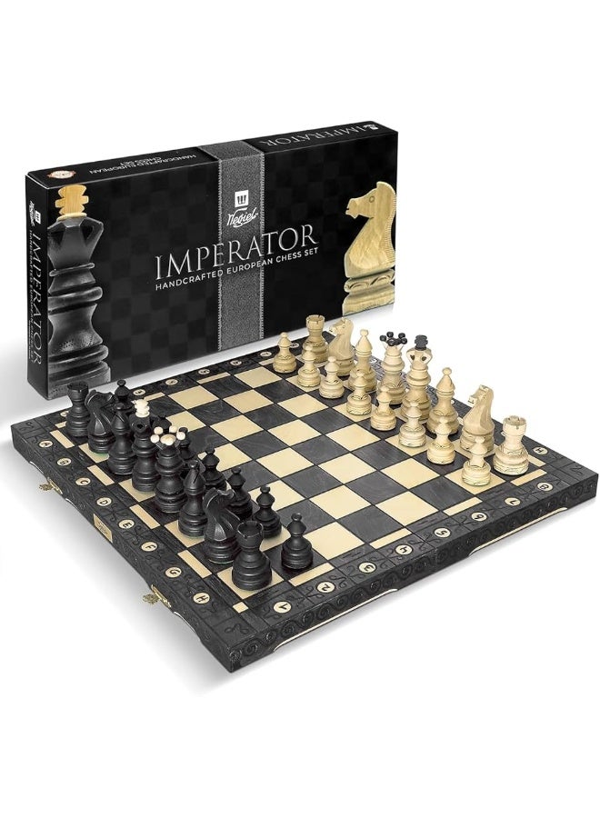 Wegiel Imperator 21-Inch Luxury Wooden Chess Set for Adults and Kids - Handcrafted from Premium Beech and Birch Wood - Unique Folding Design with Chess Piece Storage, Black