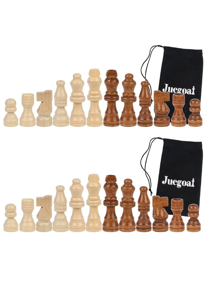 Juegoal 2 Pack Wooden Chess Pieces Only, 32 Pieces Each Wood Chessmen Pieces, 2.4 Inch King Figures Chess Game Pawns Figurine Pieces, Replacement of Missing Piece, Includes Storage Bag