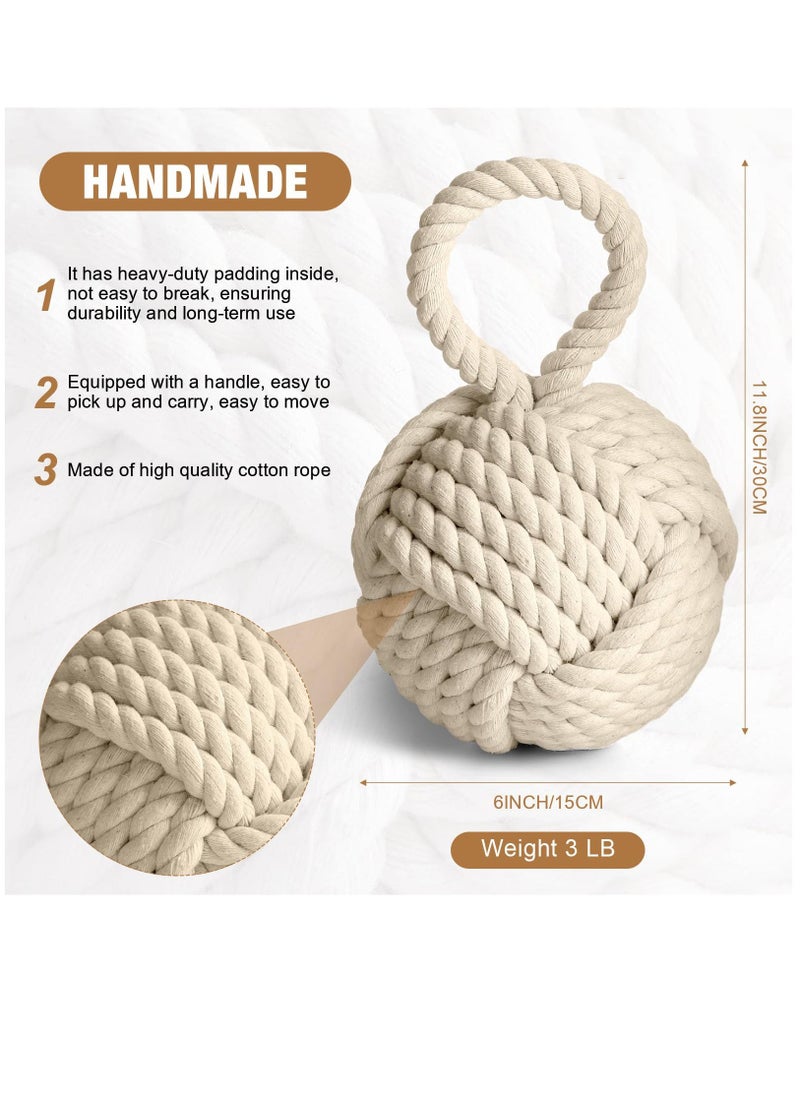 1 Pcs 3 Lbs Decorative Door Stop Rope Knot with Handle 6 Inch Nautical Fabric Door Stopper Twisted Knot Cotton Weighted Interior Doorstop for Door Window Bookend Dog Toys, Ivory