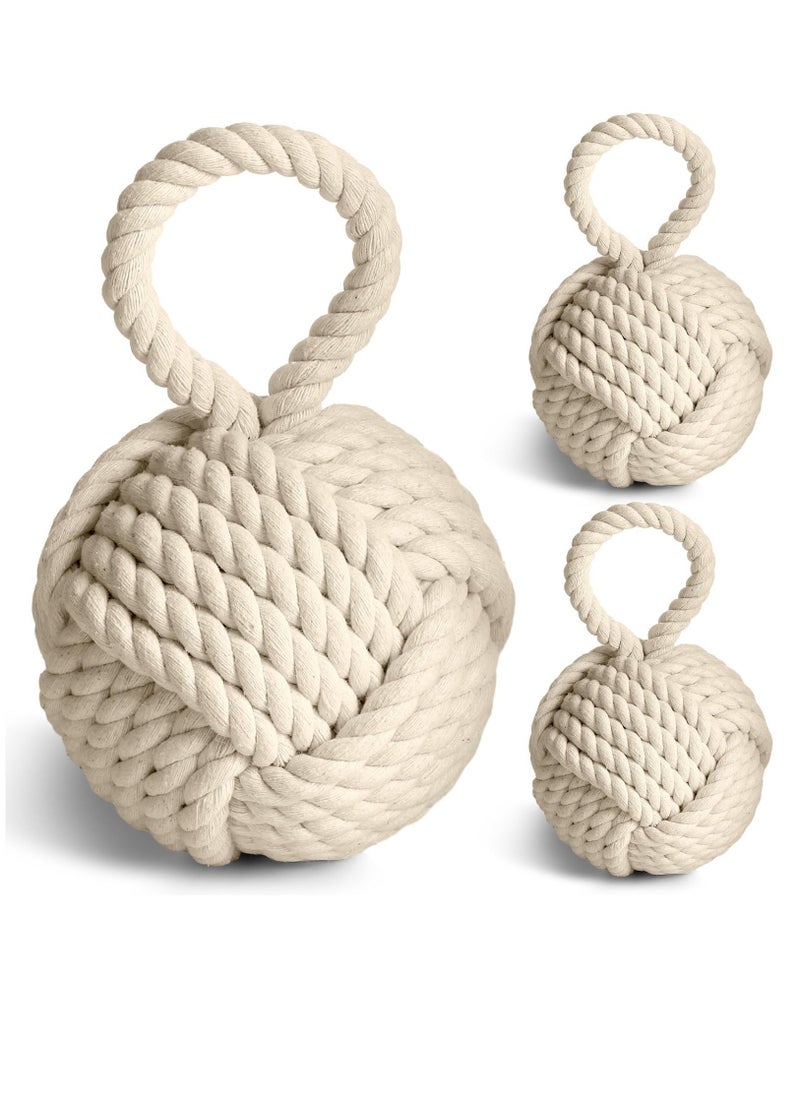 1 Pcs 3 Lbs Decorative Door Stop Rope Knot with Handle 6 Inch Nautical Fabric Door Stopper Twisted Knot Cotton Weighted Interior Doorstop for Door Window Bookend Dog Toys, Ivory