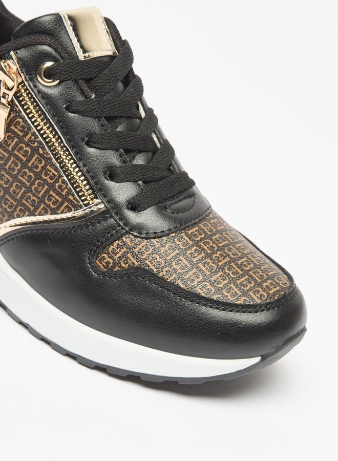 Women's Monogram Print  Wedge Sneakers with Lace-Up Closure