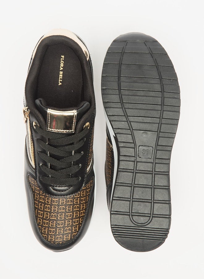 Women's Monogram Print  Wedge Sneakers with Lace-Up Closure