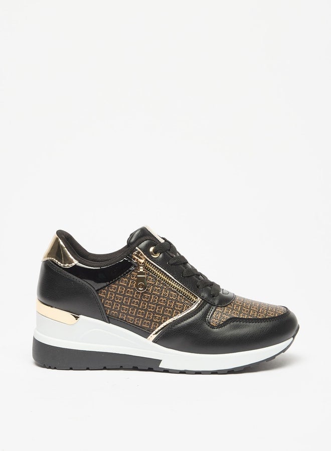 Women's Monogram Print  Wedge Sneakers with Lace-Up Closure