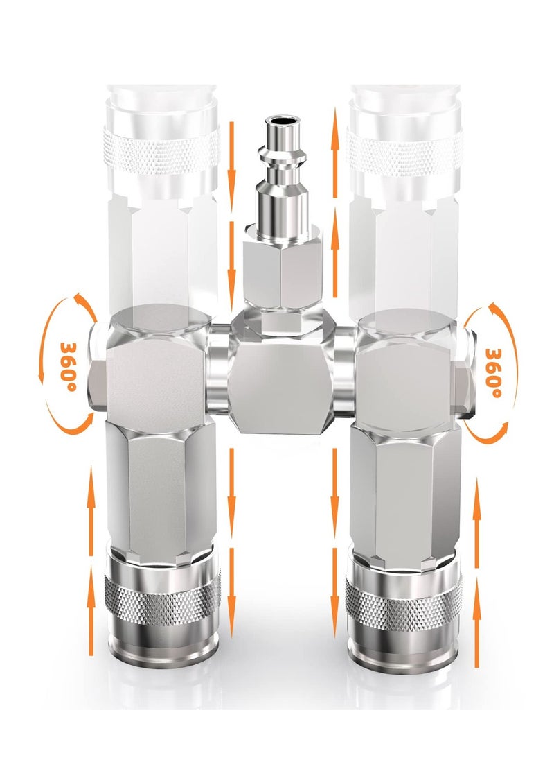 Air Hose Connectors 2 Way Air Hose Splitter Fittings 1/4 in NPT Air Compressor Fittings High Pressure Resistance Air Manifold Swivel 360 Degrees Connectors Air Compressor Accessories