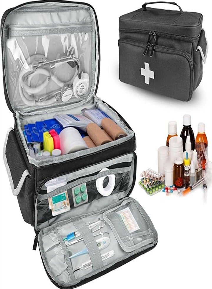 Large capacity medicine box, layered home first aid kit, portable fabric storage bag, waterproof large size, home travel medicine bag