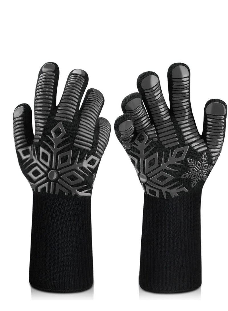 Ultra-Long Silicone BBQ Gloves with Non-Slip Grip, 1472℉/800℃ Heat Resistant for Grilling, Baking, Cooking, Smoking, and Welding - 14 Inch Black Wrist Guard.