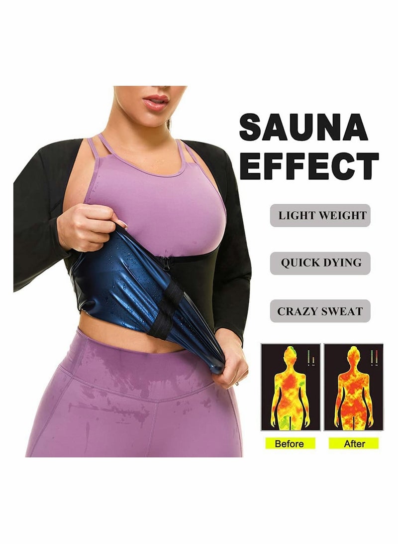 Sauna Suit for Women Sweat Body Shaper Jacket Hot Waist Trainer Long Sleeve Zipper Shirt Workout Top - L