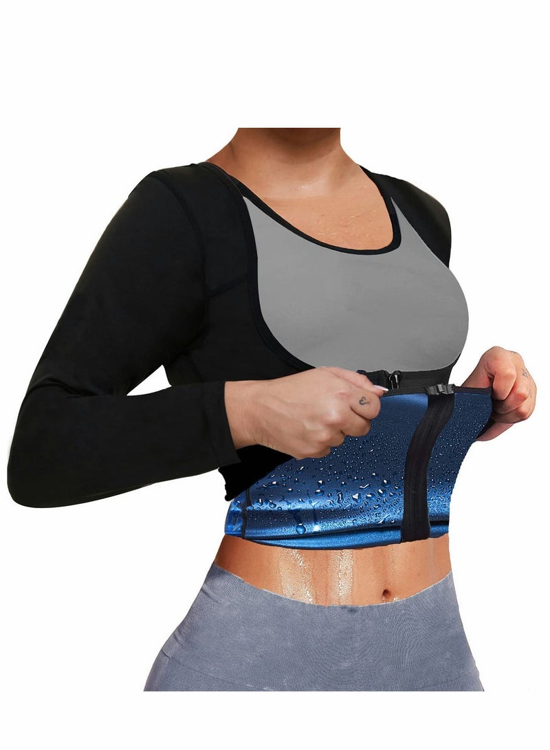 Sauna Suit for Women Sweat Body Shaper Jacket Hot Waist Trainer Long Sleeve Zipper Shirt Workout Top - L