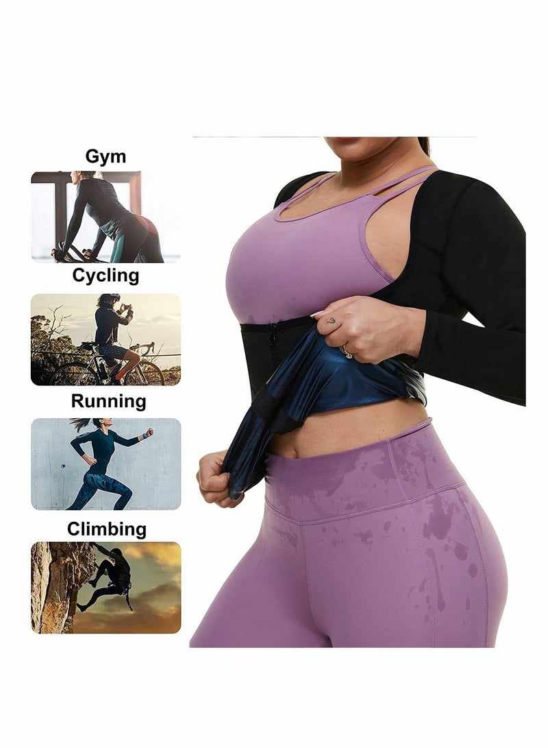 Sauna Suit for Women Sweat Body Shaper Jacket Hot Waist Trainer Long Sleeve Zipper Shirt Workout Top - L