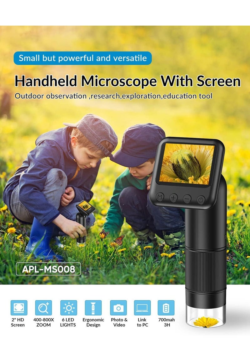 Handheld Digital Microscope with 2” LCD Screen, 800X Pocket Portable for Kids Adjustable Lights Coins Electronic Magnifier Camera, USB to PC