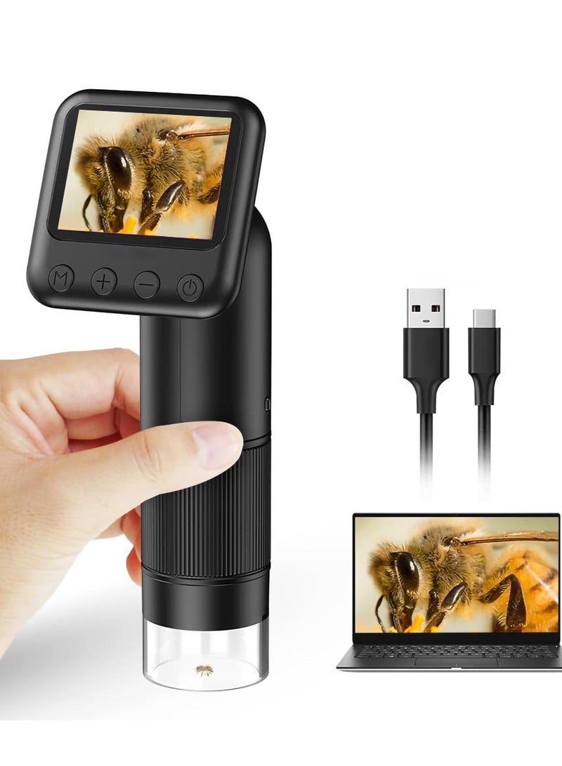 Handheld Digital Microscope with 2” LCD Screen, 800X Pocket Portable for Kids Adjustable Lights Coins Electronic Magnifier Camera, USB to PC