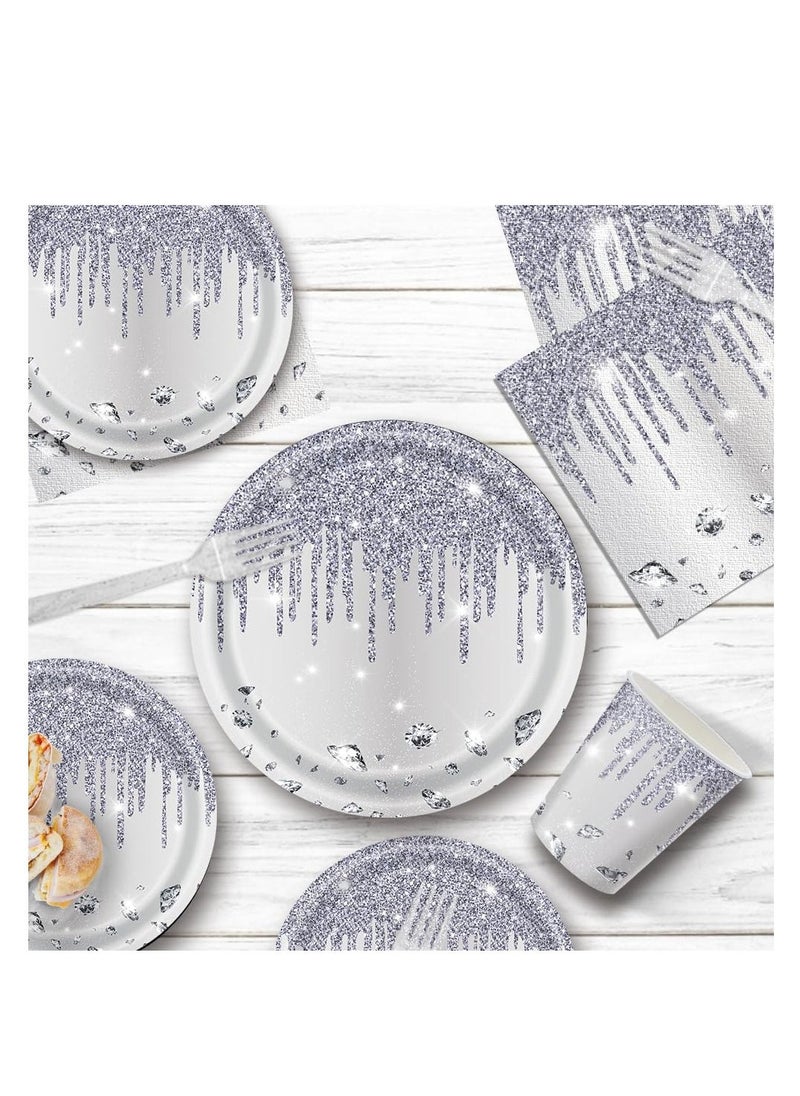 100pcs Party Plate/ Cup/ Paper Towel/ Fork Sets, Party Disposable Tableware, Silver Birthday Party Supplies, Glitter Diamonds Paper Plates Napkins Forks