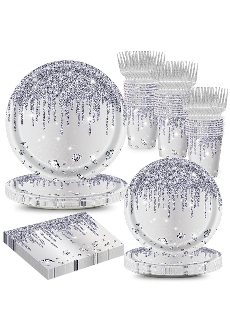 100pcs Party Plate/ Cup/ Paper Towel/ Fork Sets, Party Disposable Tableware, Silver Birthday Party Supplies, Glitter Diamonds Paper Plates Napkins Forks