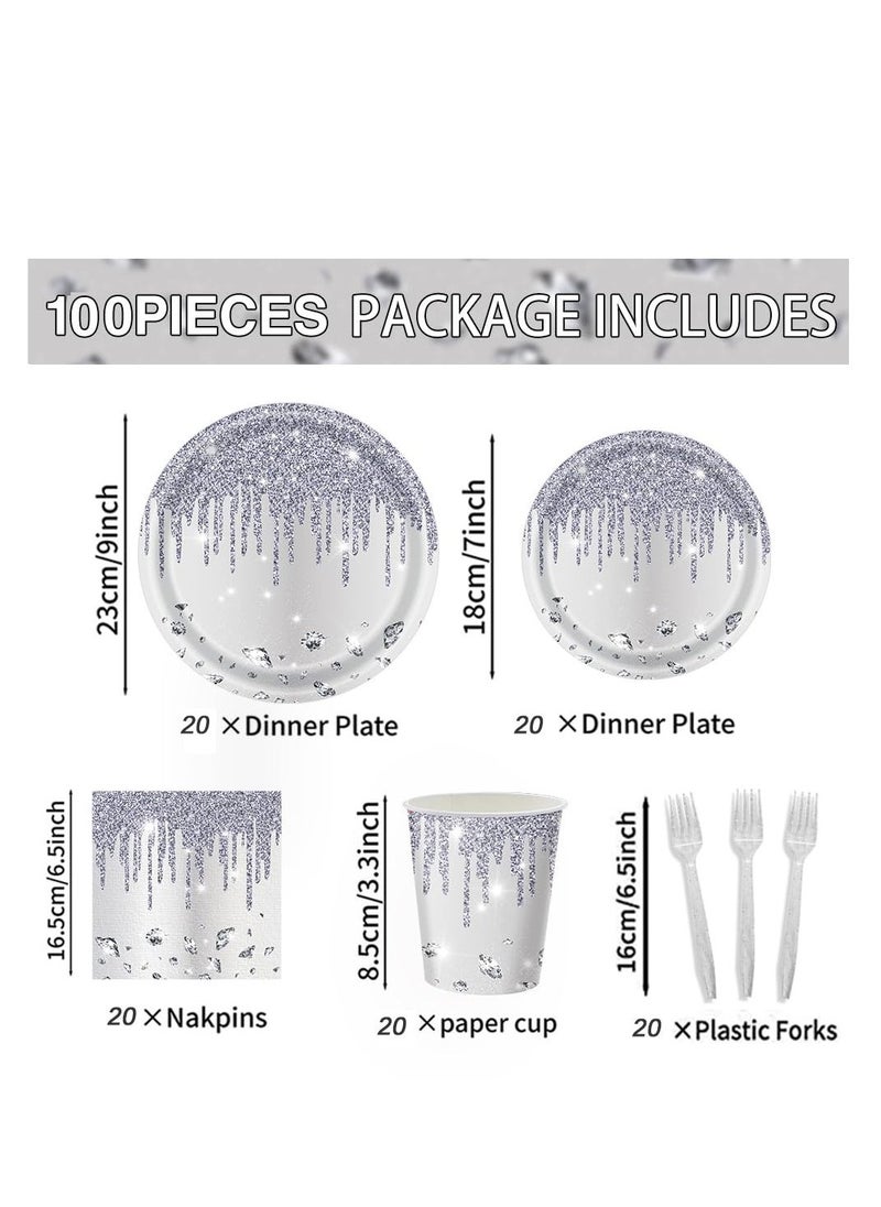 100pcs Party Plate/ Cup/ Paper Towel/ Fork Sets, Party Disposable Tableware, Silver Birthday Party Supplies, Glitter Diamonds Paper Plates Napkins Forks