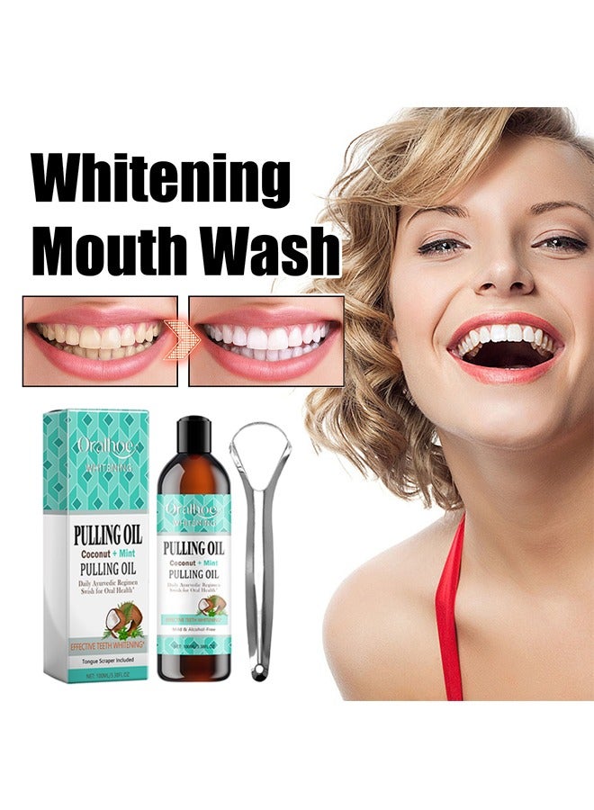 Coconut + Mint Pulling Oil -  Fresh Breath Teeth Whitening Mint Pulling Mouthwash Natural Essential Oil Mouthwash with Tongue Scraper 100ml