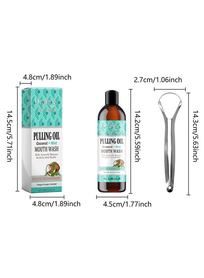 Coconut + Mint Pulling Oil -  Fresh Breath Teeth Whitening Mint Pulling Mouthwash Natural Essential Oil Mouthwash with Tongue Scraper 100ml