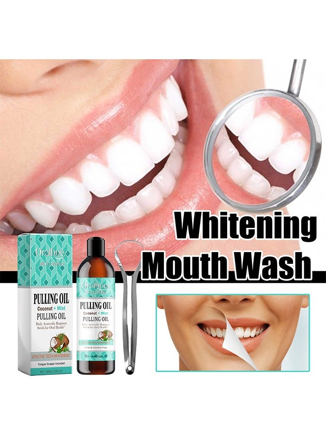 Coconut + Mint Pulling Oil -  Fresh Breath Teeth Whitening Mint Pulling Mouthwash Natural Essential Oil Mouthwash with Tongue Scraper 100ml