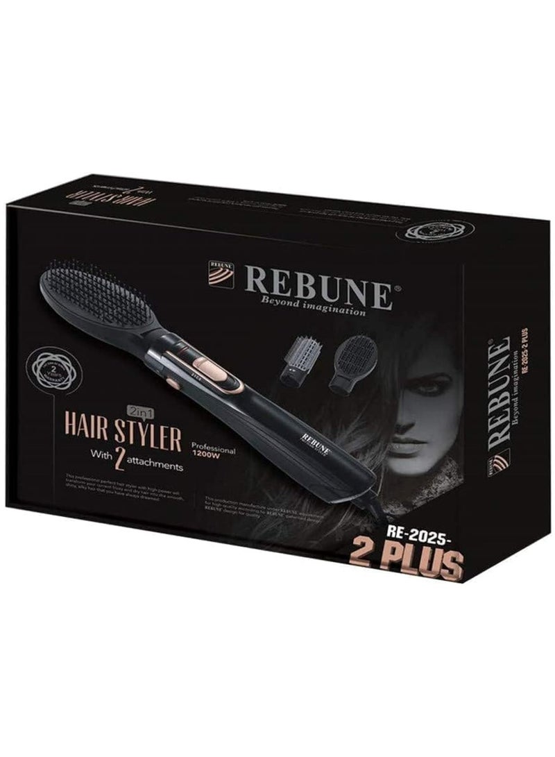 RE-2025-2Plus 1200W Hot Air Hair Styler 3 In 1 High-Speed Motor Hair Dryer Brush With 2 Attachments Black/Gold