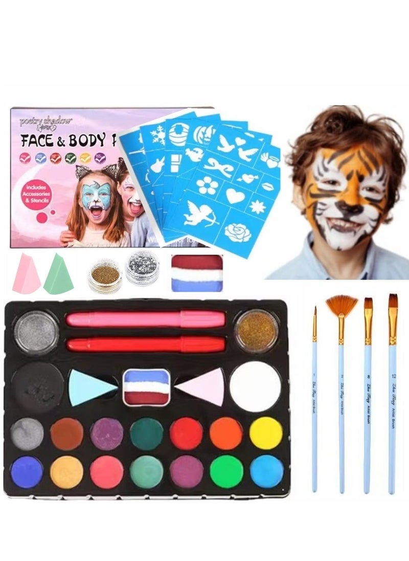 Face Painting Kit for Kids Party- 16 Water Based Non-Toxic Sensitive Skin Paints with Stencils, 2 Painted Stick, Halloween Makeup Kit - Safe and Easy to Use Face Paint Kit for Kids