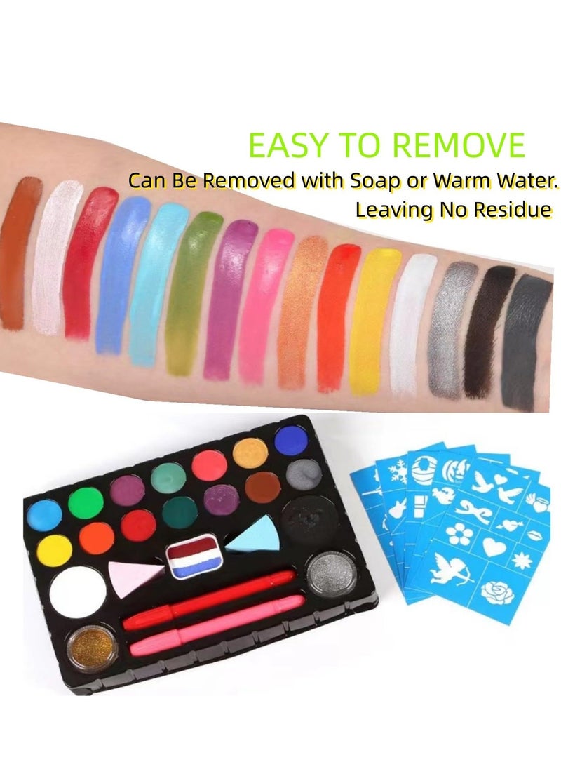 Face Painting Kit for Kids Party- 16 Water Based Non-Toxic Sensitive Skin Paints with Stencils, 2 Painted Stick, Halloween Makeup Kit - Safe and Easy to Use Face Paint Kit for Kids