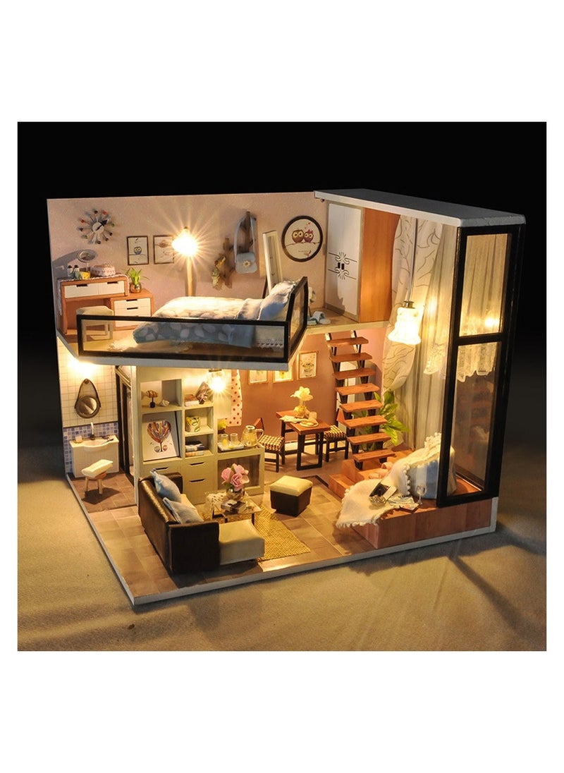 DIY Miniature Dollhouse Kit Creative Room Mini Handmade Wooden Doll House with Dust Proof Cover for Kids Teens Adults Assemble the Villa Model Toy Gift