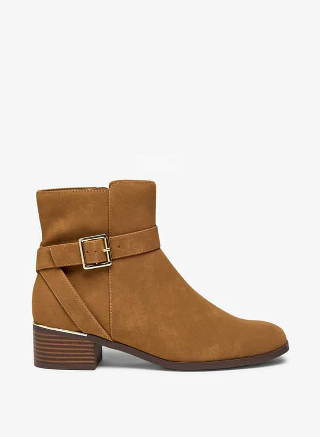 Women Solid Ankle Boots with Zip Closure and Buckle Accent