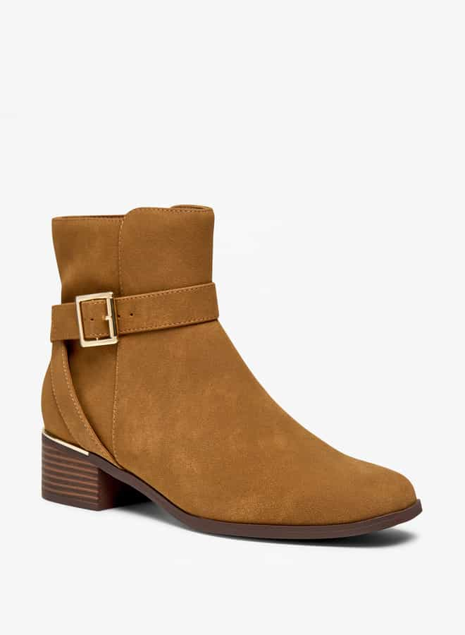 Women Solid Ankle Boots with Zip Closure and Buckle Accent