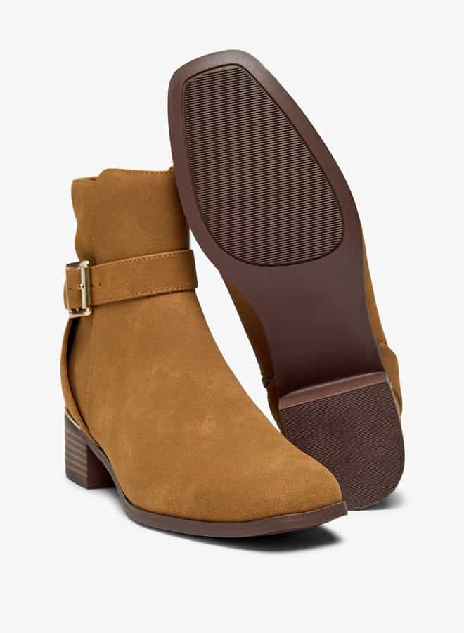 Women Solid Ankle Boots with Zip Closure and Buckle Accent