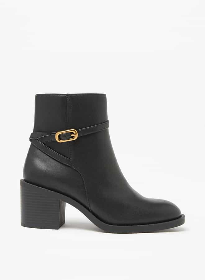 Women Solid Ankle Boots with Block Heels and Zip Closure