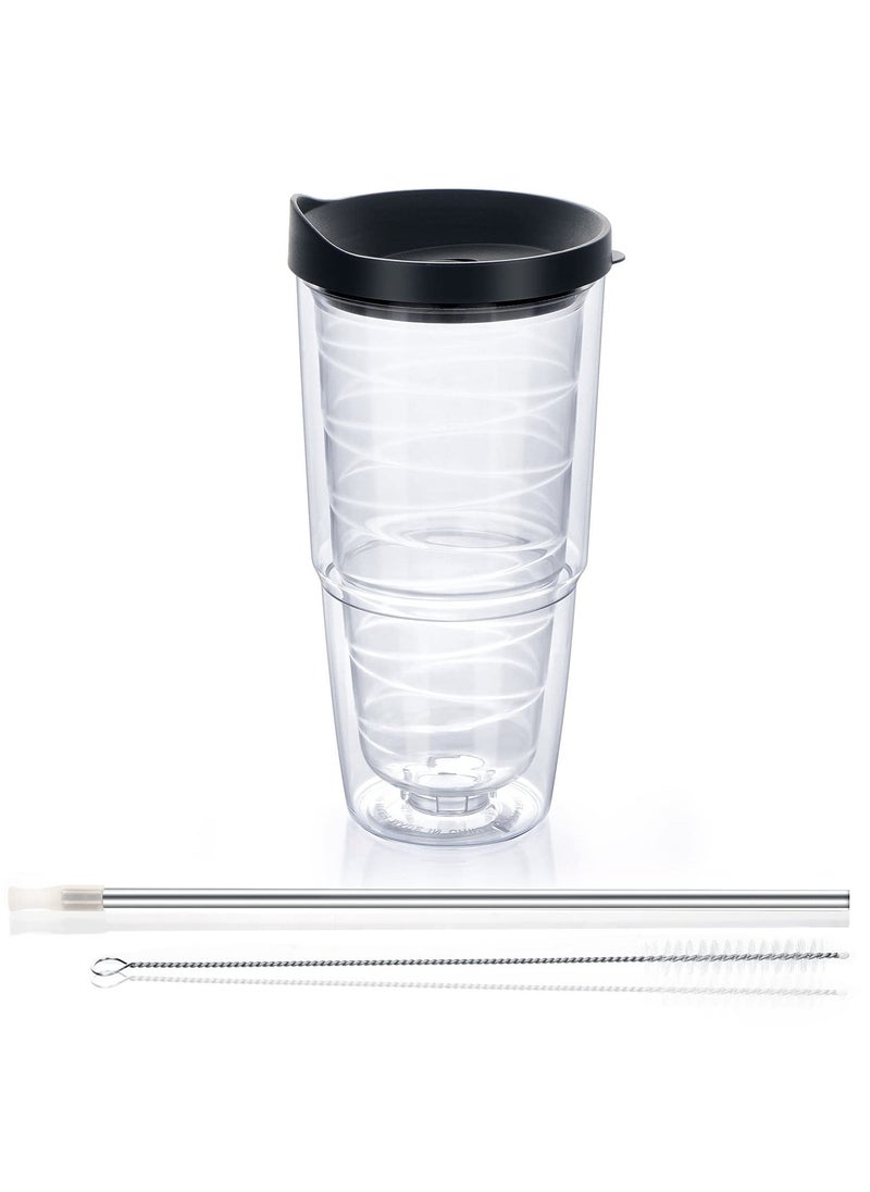 24 Oz Insulated Tumbler with Double Wall, Clear Plastic Cup with Black Lid and Straw, Ideal for Hot and Cold Drinks, Large Capacity