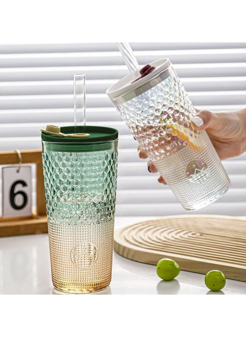 Fashion Glass Cup, with Lid and Straw, 640ml/22.5 Oz Glass Cups, Clear Glassware for Kitchen, Home Heat Resistant Drinking Tumbler Office Ice Coffee Glasses Tea Mug