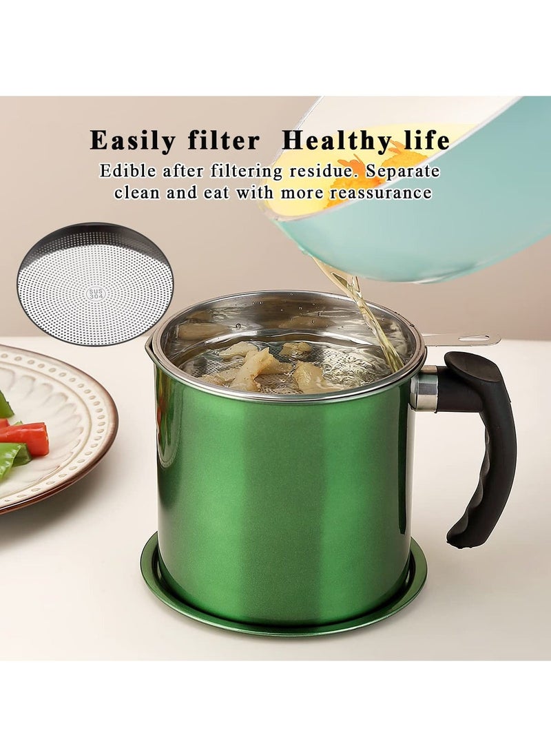 Grease Container with Strainer, 1.4L Stainless Steel Oil Container for Storing Used Cooking Oil with Lid & Handle Suitable for Home Use (Green)