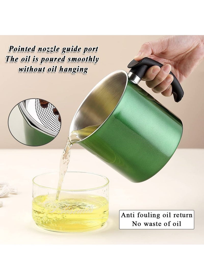 Grease Container with Strainer, 1.4L Stainless Steel Oil Container for Storing Used Cooking Oil with Lid & Handle Suitable for Home Use (Green)