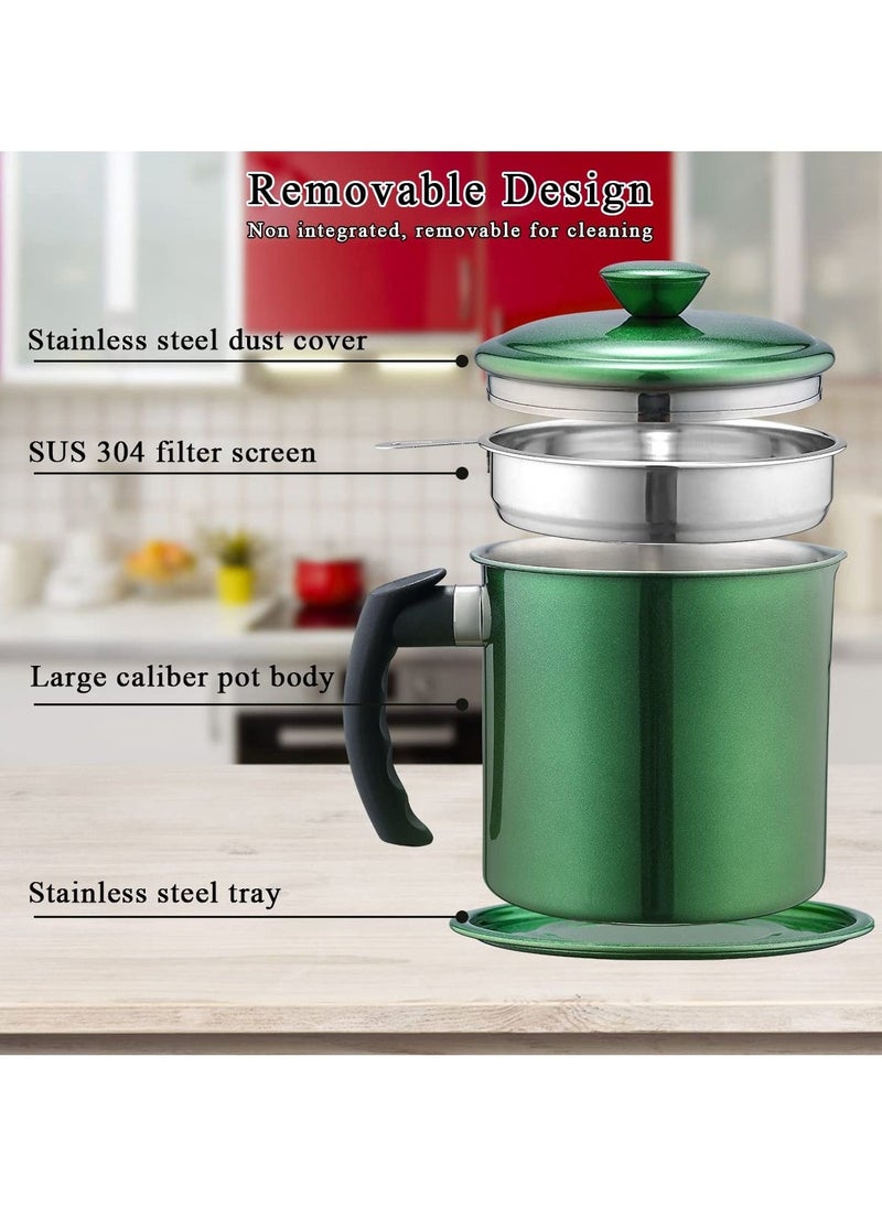 Grease Container with Strainer, 1.4L Stainless Steel Oil Container for Storing Used Cooking Oil with Lid & Handle Suitable for Home Use (Green)